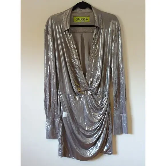 RTR Gauge81 Naha Silver Gray Metallic Long Sleeve Plunge sexy Mini Dress Size XL - Picture 3 of 11
